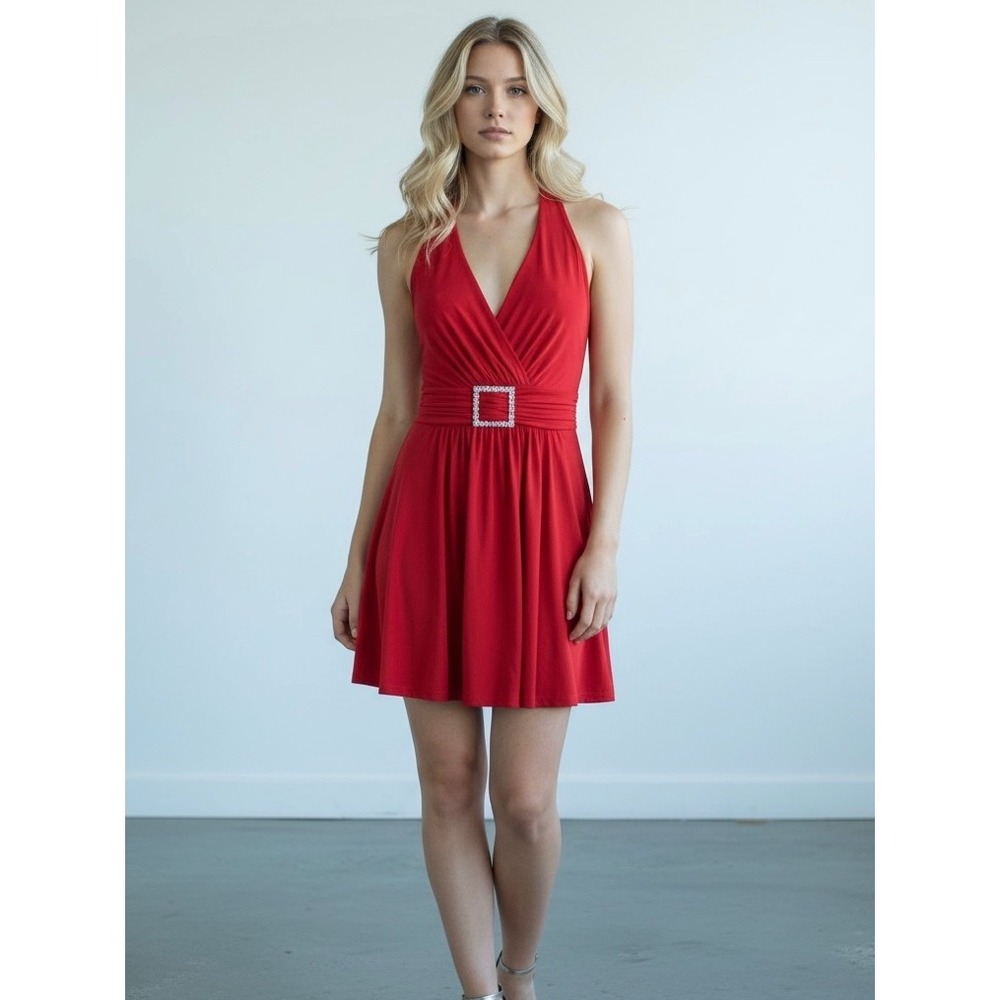 Jones New York Dress Red Halter Mini Rhinestone Buckle Cocktail Dress Size 8